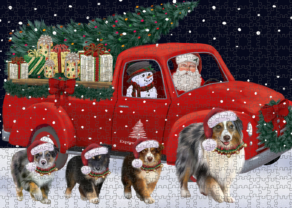 Christmas Express Delivery Red Truck Running Australian Shepherd Dogs Puzzle with Photo Tin PUZL99588