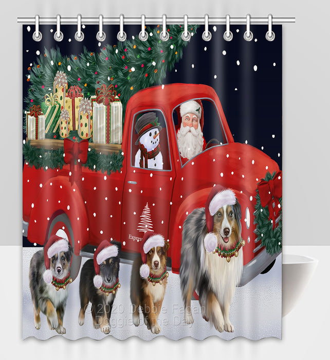 Christmas Express Delivery Red Truck Running Australian Shepherd Dogs Shower Curtain Bathroom Accessories Decor Bath Tub Screens