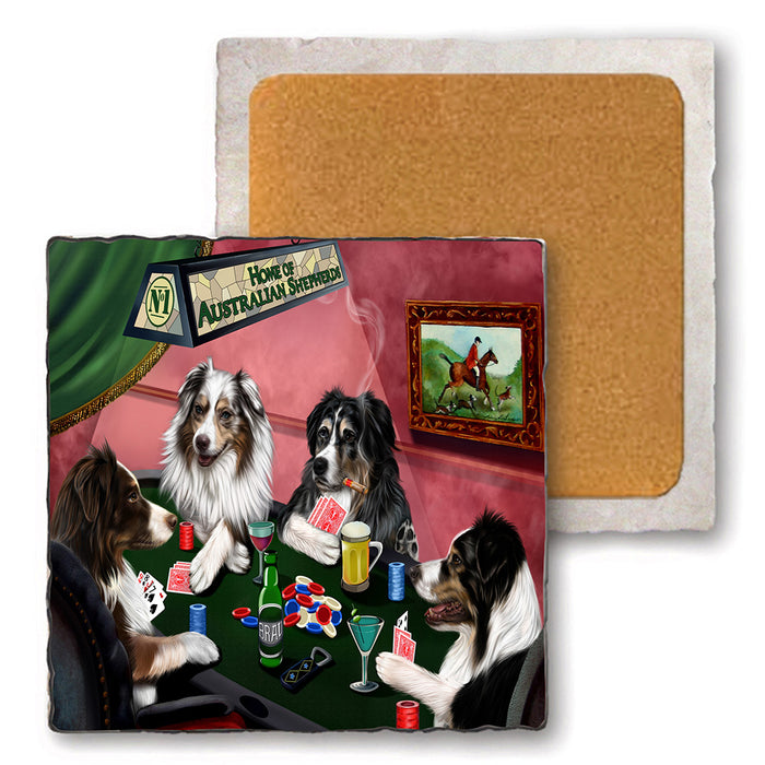 Set of 4 Natural Stone Marble Tile Coasters - Home of Australian Shepherd 4 Dogs Playing Poker MCST48004
