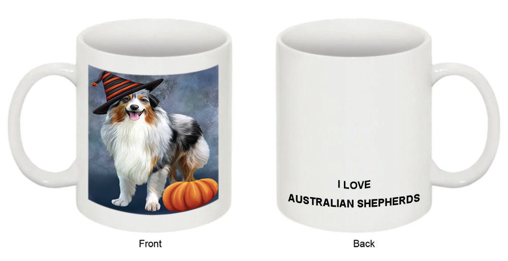Happy Halloween Australian Shepherd Dog Wearing Witch Hat with Pumpkin Coffee Mug MUG50258