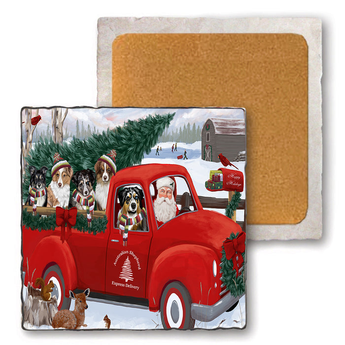 Christmas Santa Express Delivery Australian Shepherds Dog Family Set of 4 Natural Stone Marble Tile Coasters MCST50004