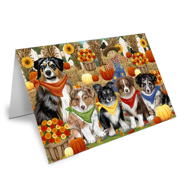 Fall Festive Gathering Australian Shepherds Dog with Pumpkins Handmade Artwork Assorted Pets Greeting Cards and Note Cards with Envelopes for All Occasions and Holiday Seasons GCD55889