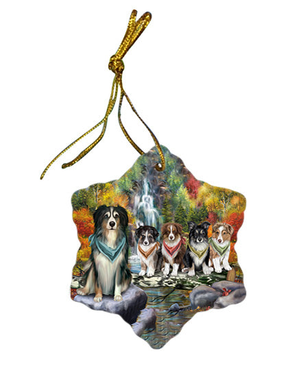 Scenic Waterfall Australian Shepherds Dog Star Porcelain Ornament SPOR49674