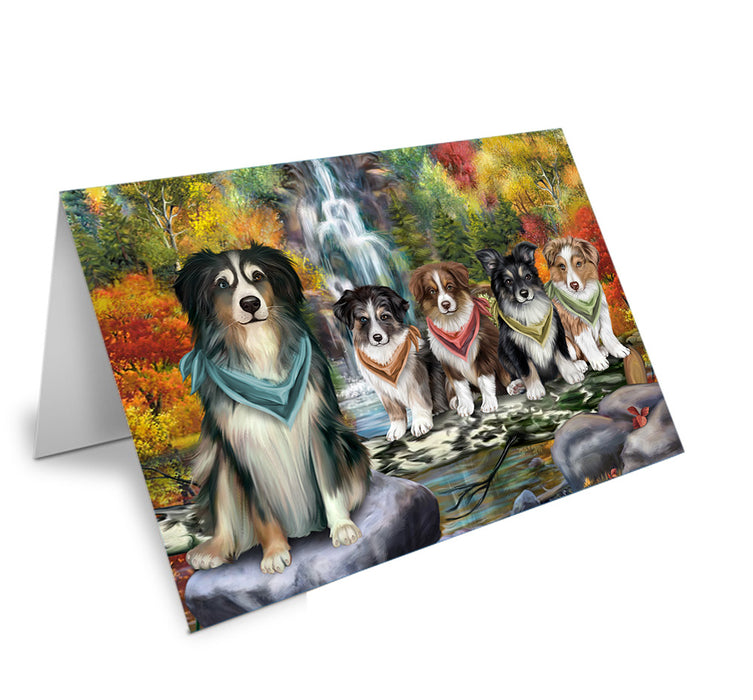 Scenic Waterfall Australian Shepherds Dog Handmade Artwork Assorted Pets Greeting Cards and Note Cards with Envelopes for All Occasions and Holiday Seasons GCD53075
