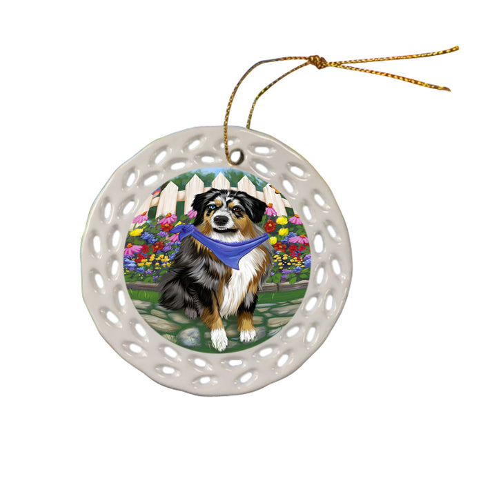 Spring Floral Australian Shepherd Dog Ceramic Doily Ornament DPOR49772