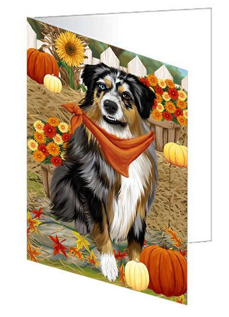 Fall Autumn Greeting Australian Shepherd Dog with Pumpkins Handmade Artwork Assorted Pets Greeting Cards and Note Cards with Envelopes for All Occasions and Holiday Seasons GCD56048