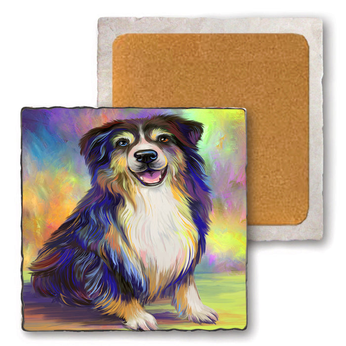 Pardise Wave Australian Shepherd Dog Set of 4 Natural Stone Marble Tile Coasters MCST48592