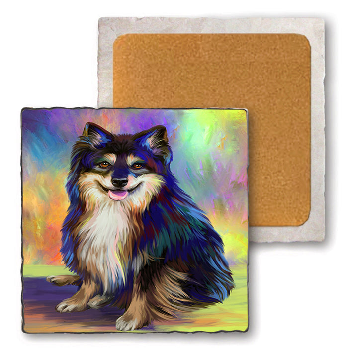 Pardise Wave Australian Shepherd Dog Set of 4 Natural Stone Marble Tile Coasters MCST48593