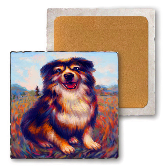 Mystic Blaze Australian Shepherd Dog Set of 4 Natural Stone Marble Tile Coasters MCST48571