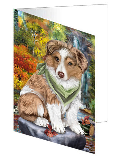 Scenic Waterfall Australian Shepherd Dog Handmade Artwork Assorted Pets Greeting Cards and Note Cards with Envelopes for All Occasions and Holiday Seasons GCD53078