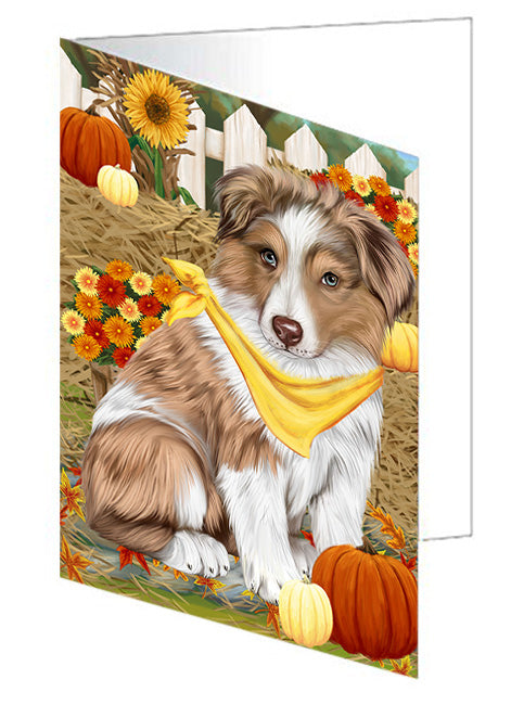 Fall Autumn Greeting Australian Shepherd Dog with Pumpkins Handmade Artwork Assorted Pets Greeting Cards and Note Cards with Envelopes for All Occasions and Holiday Seasons GCD56051