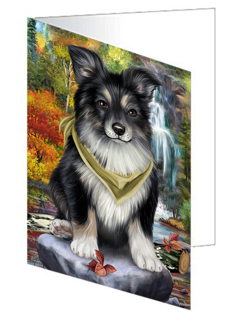 Scenic Waterfall Australian Shepherd Dog Handmade Artwork Assorted Pets Greeting Cards and Note Cards with Envelopes for All Occasions and Holiday Seasons GCD53081