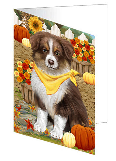Fall Autumn Greeting Australian Shepherd Dog with Pumpkins Handmade Artwork Assorted Pets Greeting Cards and Note Cards with Envelopes for All Occasions and Holiday Seasons GCD56054