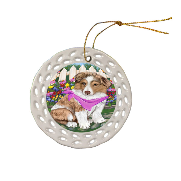 Spring Floral Australian Shepherd Dog Ceramic Doily Ornament DPOR49775
