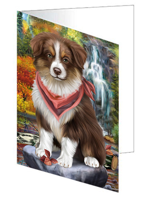 Scenic Waterfall Australian Shepherd Dog Handmade Artwork Assorted Pets Greeting Cards and Note Cards with Envelopes for All Occasions and Holiday Seasons GCD53084