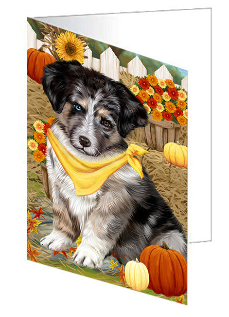 Fall Autumn Greeting Australian Shepherd Dog with Pumpkins Handmade Artwork Assorted Pets Greeting Cards and Note Cards with Envelopes for All Occasions and Holiday Seasons GCD56057