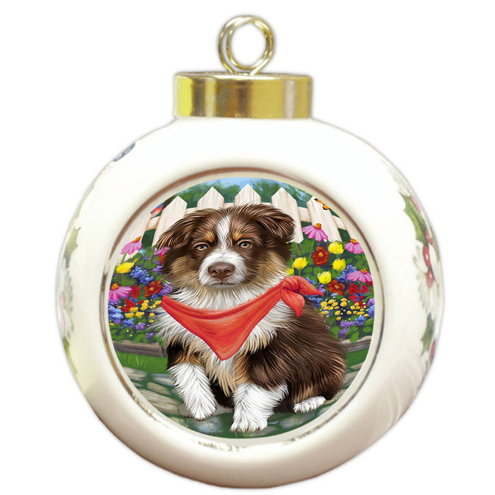 Spring Floral Australian Shepherd Dog Round Ball Christmas Ornament RBPOR49776