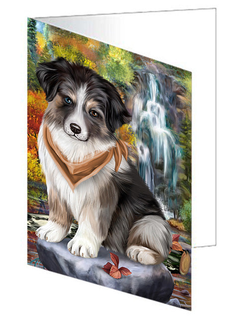 Scenic Waterfall Australian Shepherd Dog Handmade Artwork Assorted Pets Greeting Cards and Note Cards with Envelopes for All Occasions and Holiday Seasons GCD53087