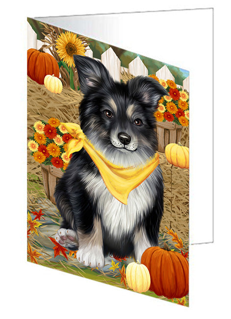 Fall Autumn Greeting Australian Shepherd Dog with Pumpkins Handmade Artwork Assorted Pets Greeting Cards and Note Cards with Envelopes for All Occasions and Holiday Seasons GCD56060