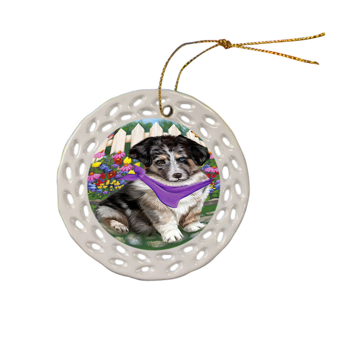 Spring Floral Australian Shepherd Dog Ceramic Doily Ornament DPOR49777