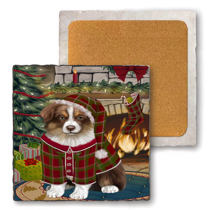 The Stocking was Hung Australian Shepherd Dog Set of 4 Natural Stone Marble Tile Coasters MCST50180