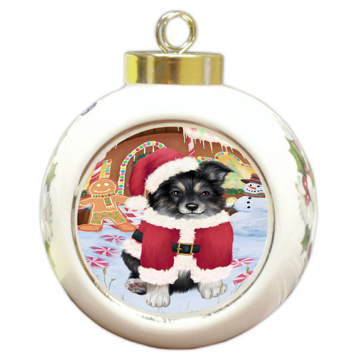 Christmas Gingerbread House Candyfest Australian Shepherd Dog Round Ball Christmas Ornament RBPOR56509