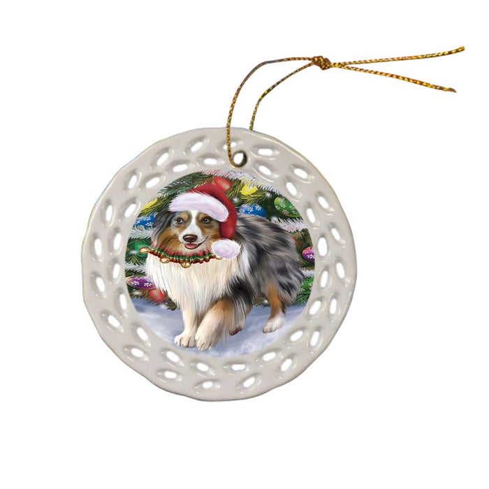 Trotting in the Snow Australian Shepherd Dog Ceramic Doily Ornament DPOR55764