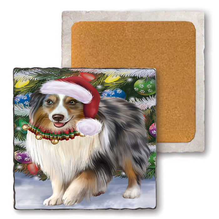 Trotting in the Snow Australian Shepherd Dog Set of 4 Natural Stone Marble Tile Coasters MCST50408