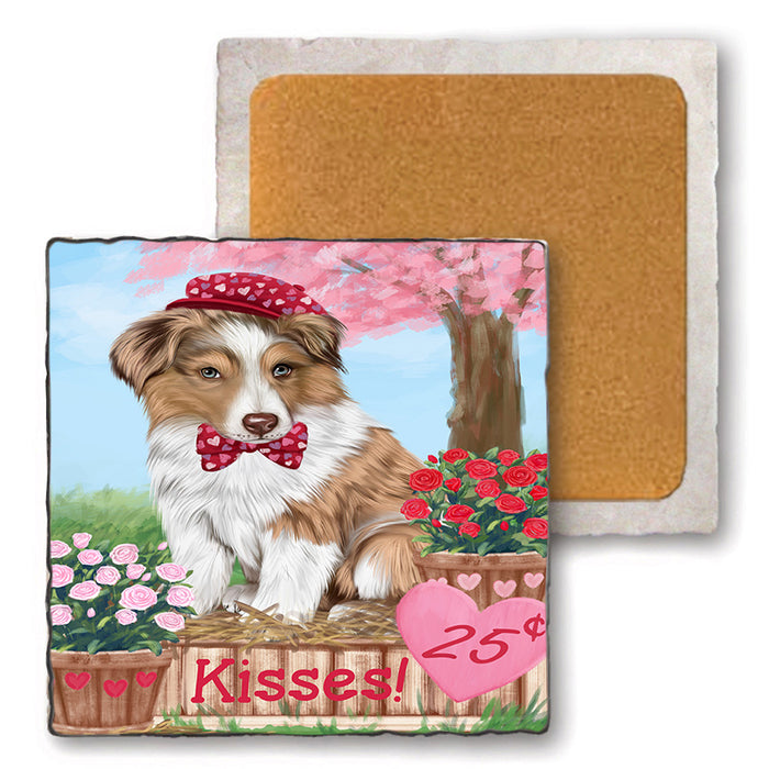 Rosie 25 Cent Kisses Australian Shepherd Dog Set of 4 Natural Stone Marble Tile Coasters MCST50761
