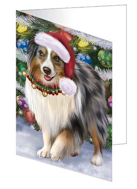 Trotting in the Snow Australian Shepherd Dog Handmade Artwork Assorted Pets Greeting Cards and Note Cards with Envelopes for All Occasions and Holiday Seasons GCD70739