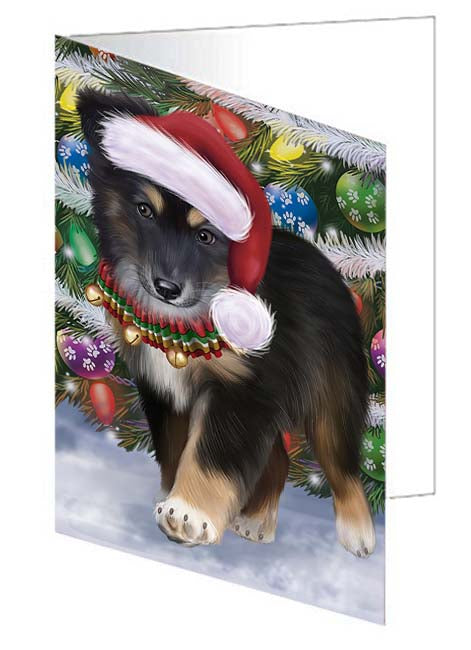 Trotting in the Snow Australian Shepherd Dog Handmade Artwork Assorted Pets Greeting Cards and Note Cards with Envelopes for All Occasions and Holiday Seasons GCD70742