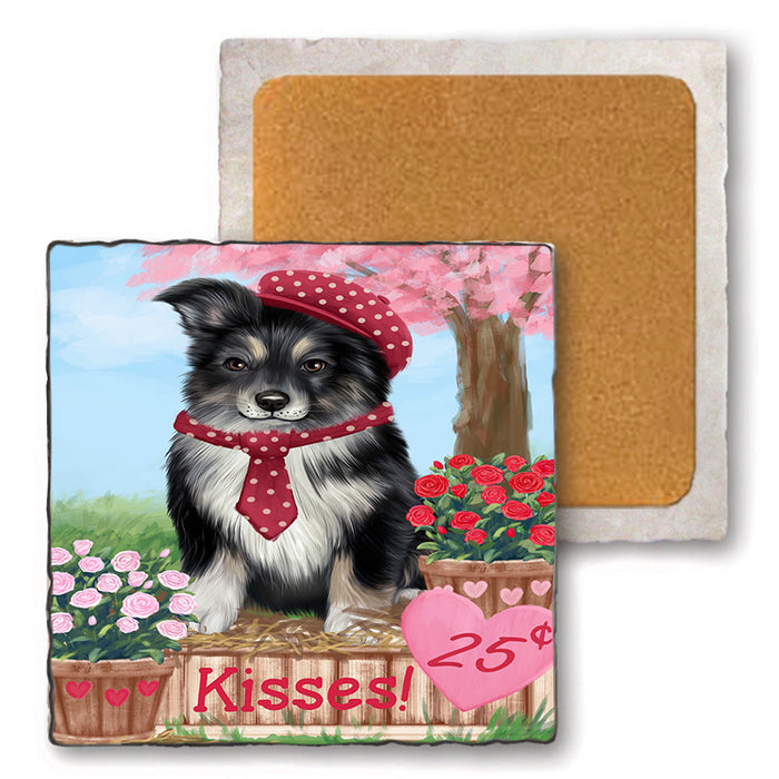 Rosie 25 Cent Kisses Australian Shepherd Dog Set of 4 Natural Stone Marble Tile Coasters MCST50762
