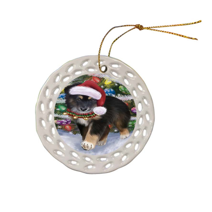 Trotting in the Snow Australian Shepherd Dog Ceramic Doily Ornament DPOR55765