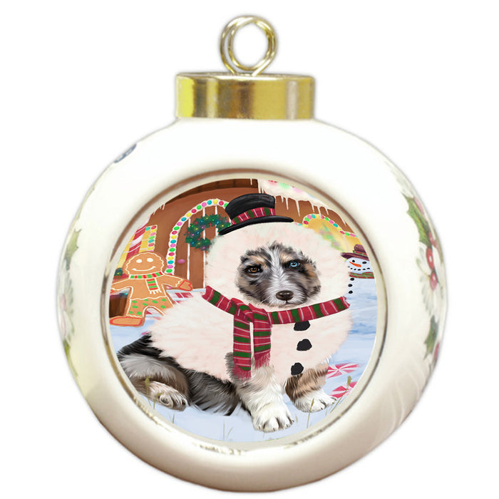 Christmas Gingerbread House Candyfest Australian Shepherd Dog Round Ball Christmas Ornament RBPOR56510