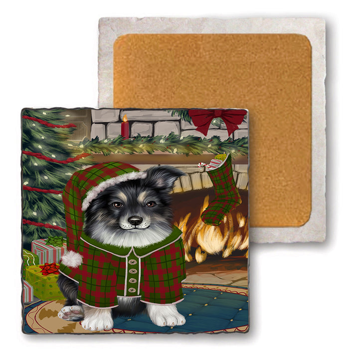 The Stocking was Hung Australian Shepherd Dog Set of 4 Natural Stone Marble Tile Coasters MCST50181