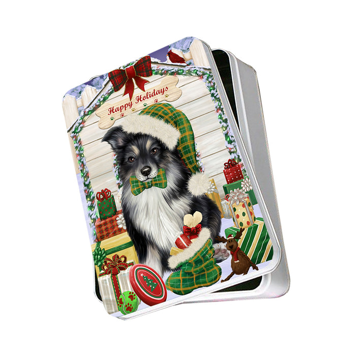 Happy Holidays Christmas Australian Shepherd Dog House With Presents Photo Storage Tin PITN52149
