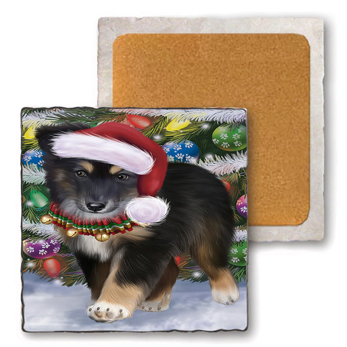Trotting in the Snow Australian Shepherd Dog Set of 4 Natural Stone Marble Tile Coasters MCST50409