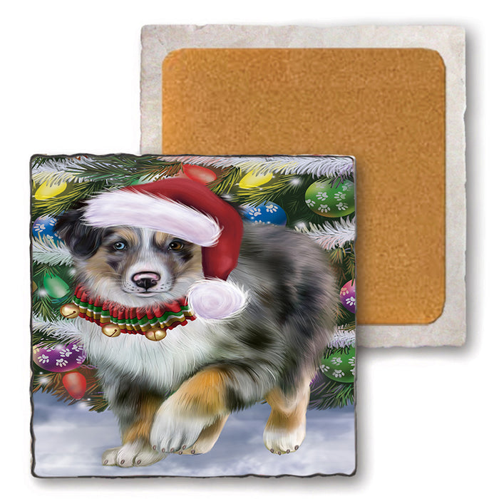Trotting in the Snow Australian Shepherd Dog Set of 4 Natural Stone Marble Tile Coasters MCST50410