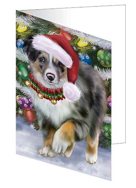 Trotting in the Snow Australian Shepherd Dog Handmade Artwork Assorted Pets Greeting Cards and Note Cards with Envelopes for All Occasions and Holiday Seasons GCD70745