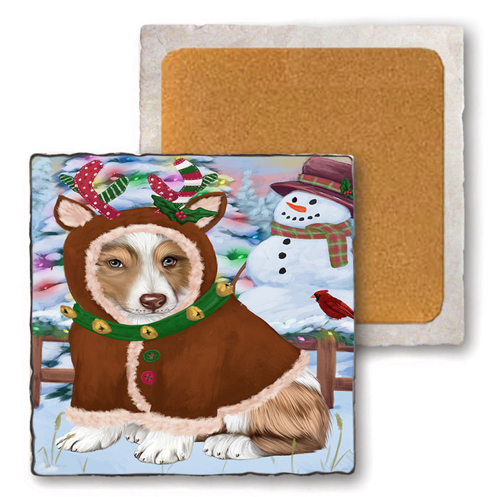 Christmas Gingerbread House Candyfest Australian Shepherd Dog Set of 4 Natural Stone Marble Tile Coasters MCST51155