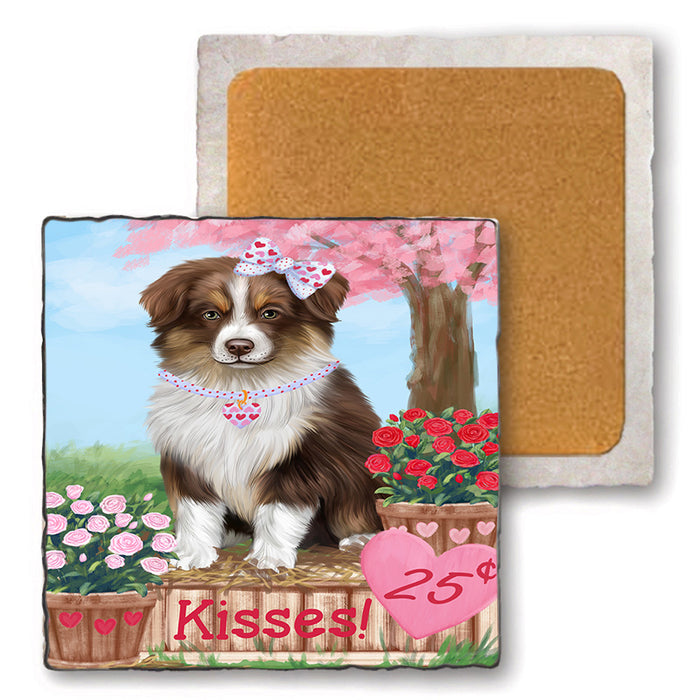 Rosie 25 Cent Kisses Australian Shepherd Dog Set of 4 Natural Stone Marble Tile Coasters MCST50763