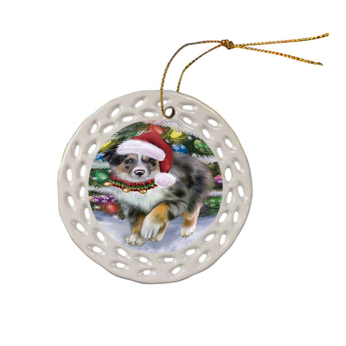 Trotting in the Snow Australian Shepherd Dog Ceramic Doily Ornament DPOR55766