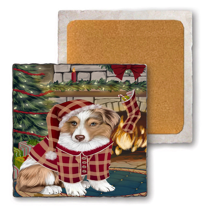 The Stocking was Hung Australian Shepherd Dog Set of 4 Natural Stone Marble Tile Coasters MCST50182