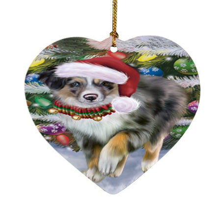 Trotting in the Snow Australian Shepherd Dog Heart Christmas Ornament HPOR55766