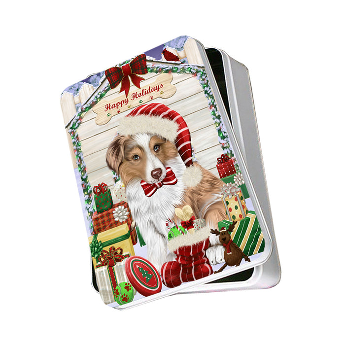Happy Holidays Christmas Australian Shepherd Dog House With Presents Photo Storage Tin PITN52150