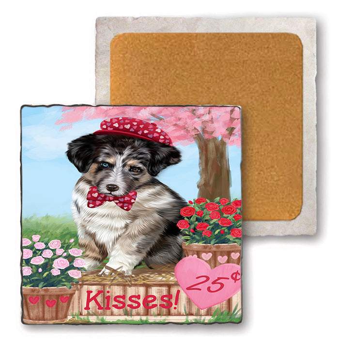 Rosie 25 Cent Kisses Australian Shepherd Dog Set of 4 Natural Stone Marble Tile Coasters MCST50764