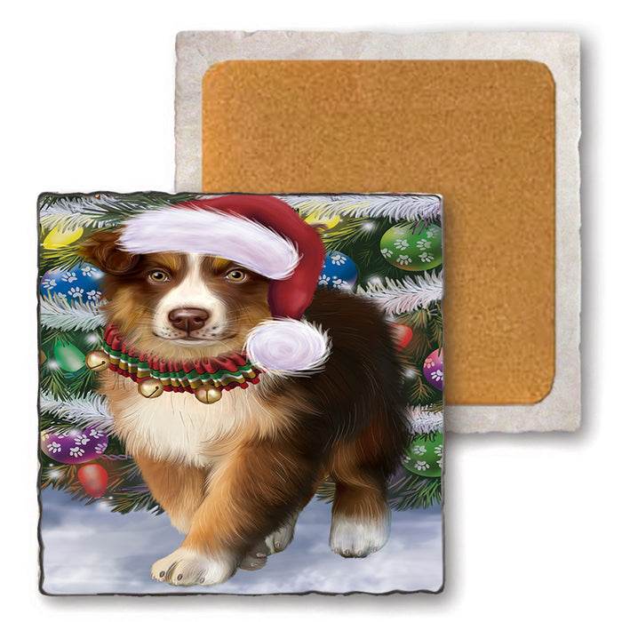 Trotting in the Snow Australian Shepherd Dog Set of 4 Natural Stone Marble Tile Coasters MCST50411