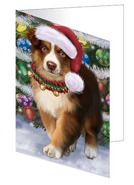 Trotting in the Snow Australian Shepherd Dog Handmade Artwork Assorted Pets Greeting Cards and Note Cards with Envelopes for All Occasions and Holiday Seasons GCD70748