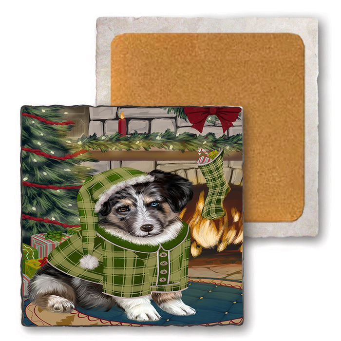 The Stocking was Hung Australian Shepherd Dog Set of 4 Natural Stone Marble Tile Coasters MCST50183