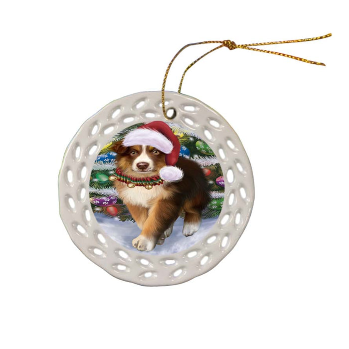 Trotting in the Snow Australian Shepherd Dog Ceramic Doily Ornament DPOR55767